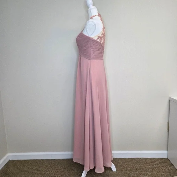 JJ's House Dusty Rose Chiffon Lace Halter Neck Formal Evening Gown Dress - Picture 4 of 9